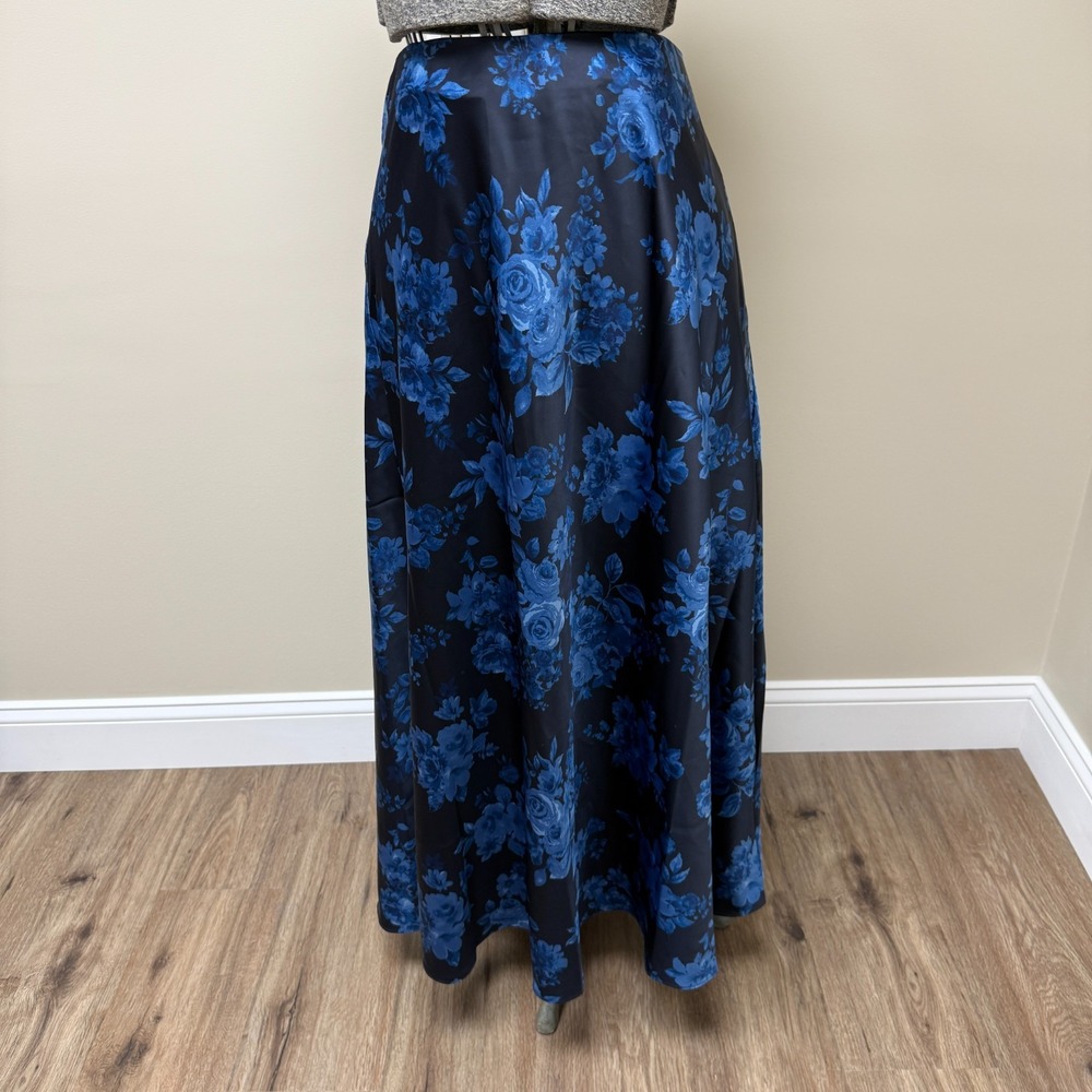 Talbots Satin Maxi Slip Skirt Floral Sz 12 Black Blue Elegant Party Event Gala